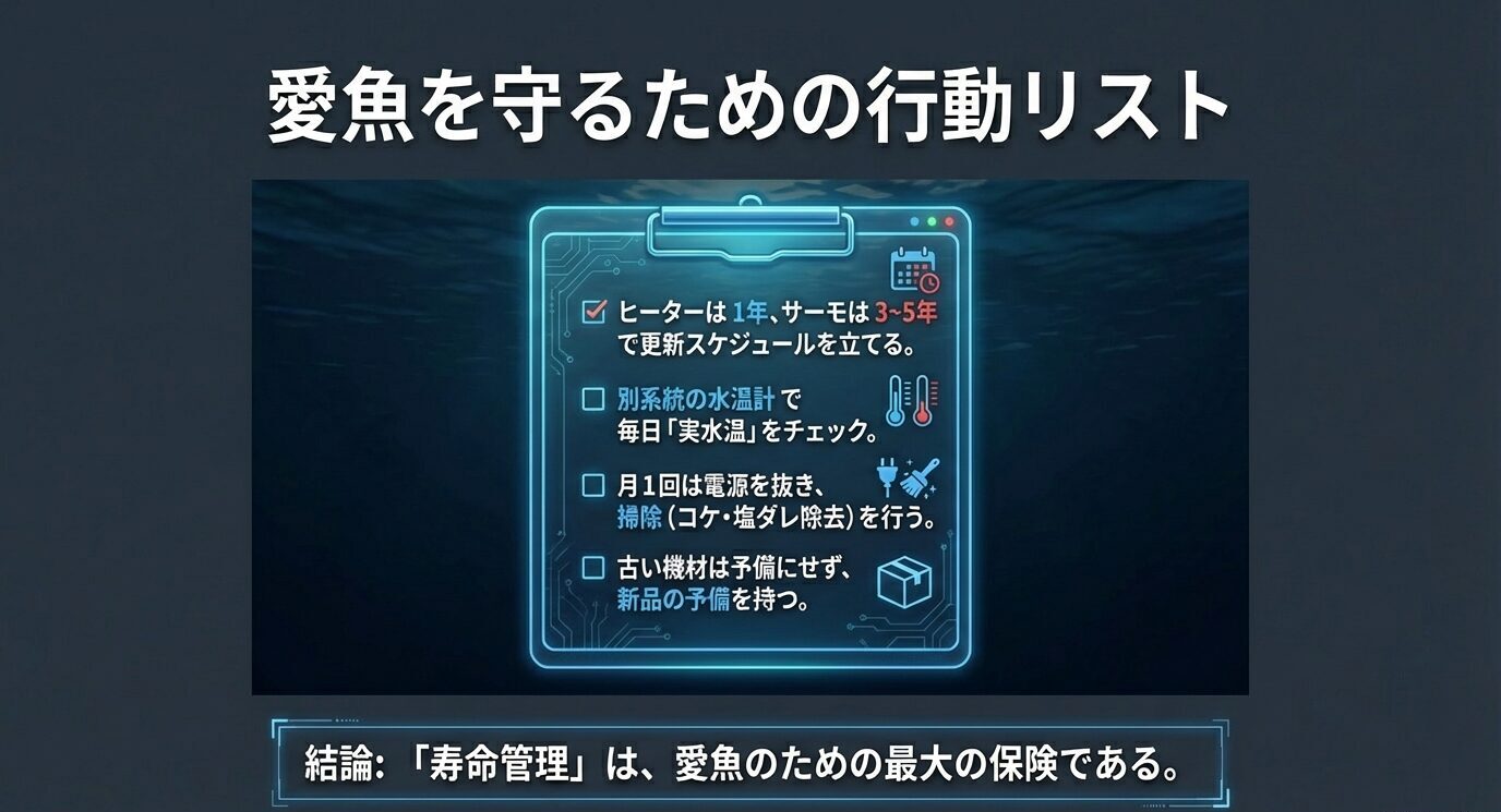 ヒーターは1年、サーモは3〜5年で更新し、別水温計で毎日確認・月1清掃・新品予備を用意する行動項目をまとめたスライド。