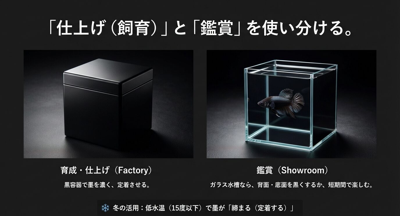 育成・仕上げは黒容器で墨を濃く定着(Factory)、鑑賞はガラス水槽で背景や底面を黒くするか短期で楽しむ(Showroom)。冬の低水温で墨が締まる点も示すスライド。