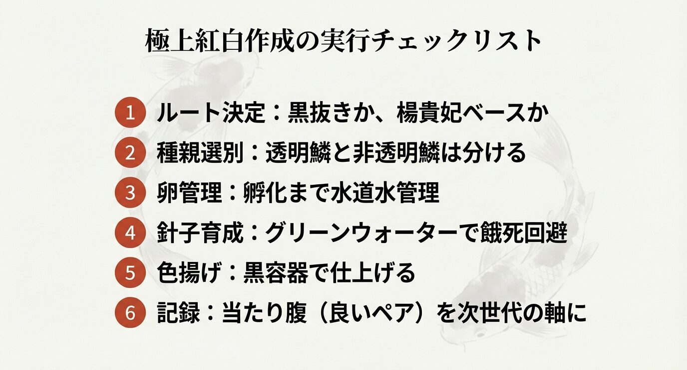 紅白作成のチェックリスト6項目。ルート決定、種親選別、卵管理、針子育成、色揚げ、当たり腹(良いペア)の記録。