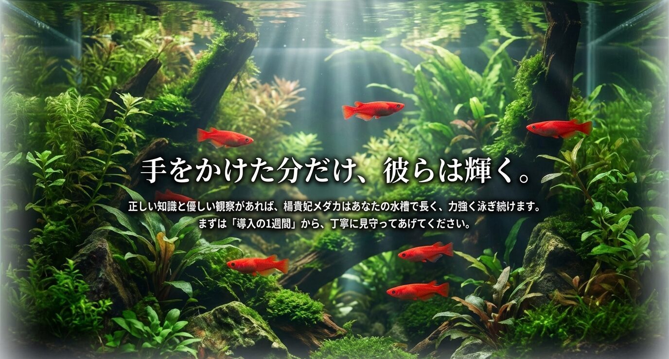 水草のある水槽で赤い楊貴妃メダカが泳ぎ、「手をかけた分だけ、彼らは輝く。…まずは導入の1週間から丁寧に見守って…」という締めメッセージが入ったスライド