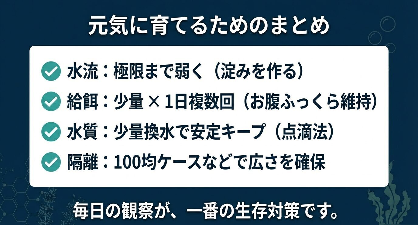 元気に育てるための要点まとめ。水流は極限まで弱く、給餌は少量を複数回、水質は少量換水で安定、隔離は100均ケースなどで広さを確保。毎日の観察が最重要と示す。