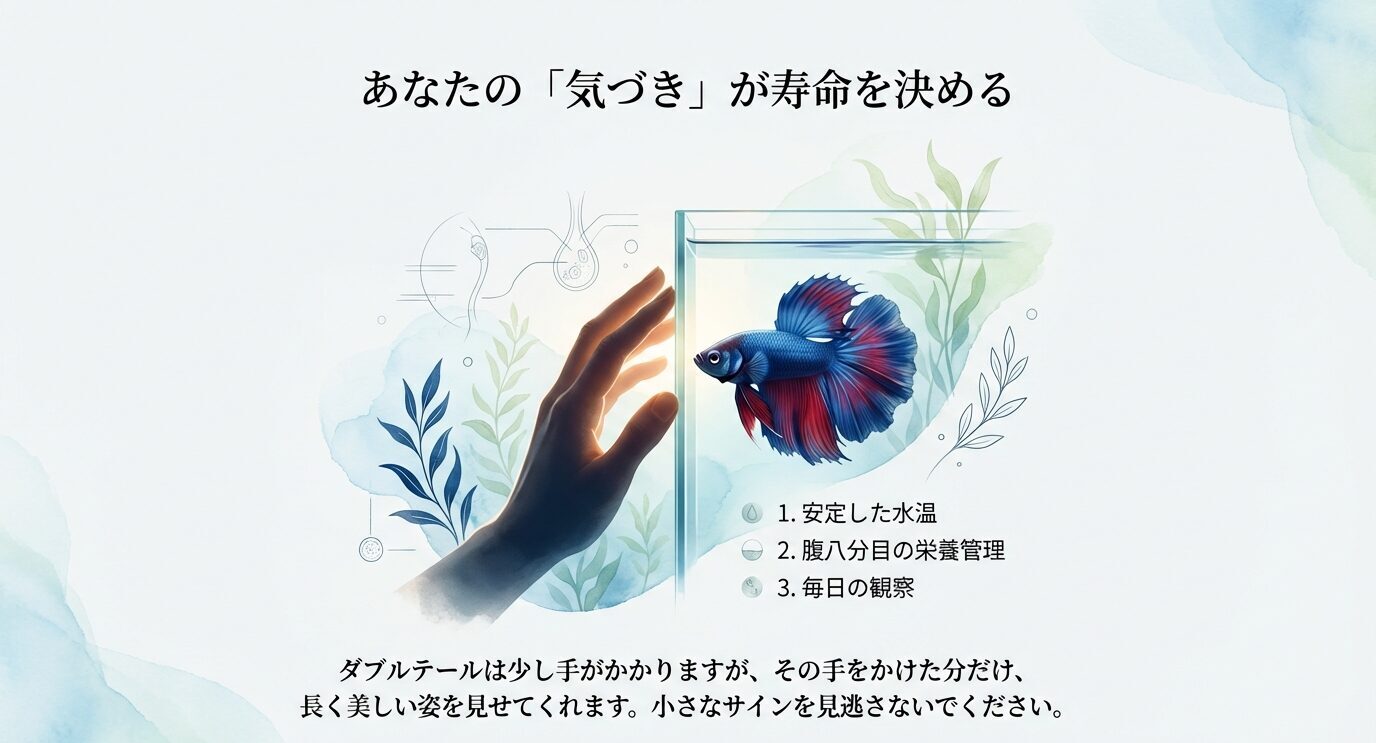 手と水槽のベタのイラスト。長寿の鍵として「安定した水温」「腹八分目の栄養管理」「毎日の観察」の3点を箇条書きで提示。