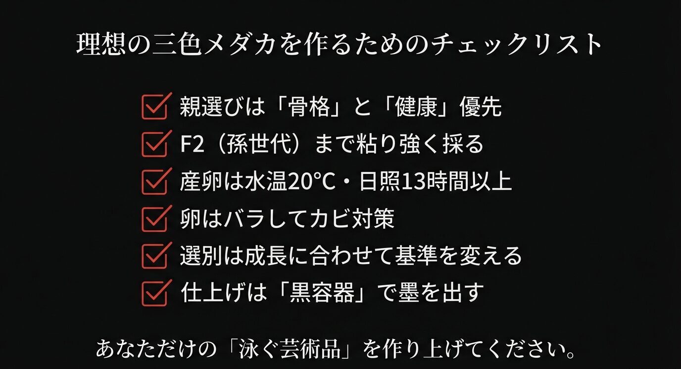親は骨格と健康優先、F2まで採る、産卵は水温20℃・日照13時間以上、卵はバラしてカビ対策、選別は成長に合わせ、仕上げは黒容器で墨を出す—の要点まとめ。