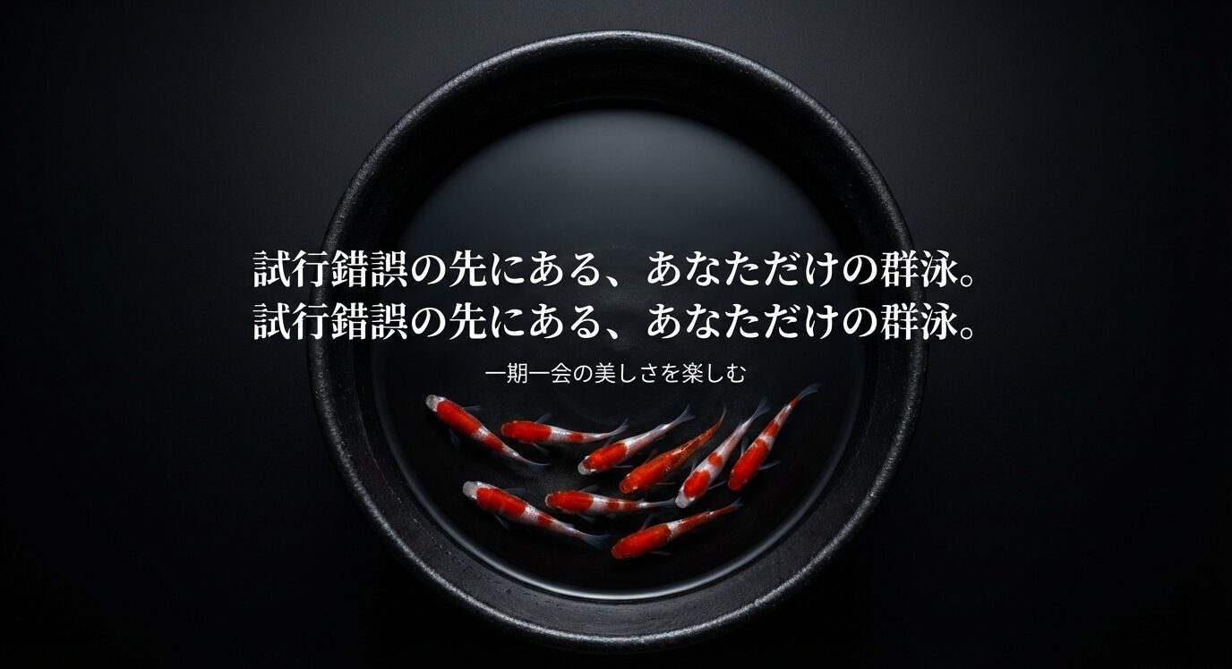 黒い鉢の水面に紅白メダカの群泳。メッセージ「試行錯誤の先にある、あなただけの群泳。 一期一会の美しさを楽しむ」。
