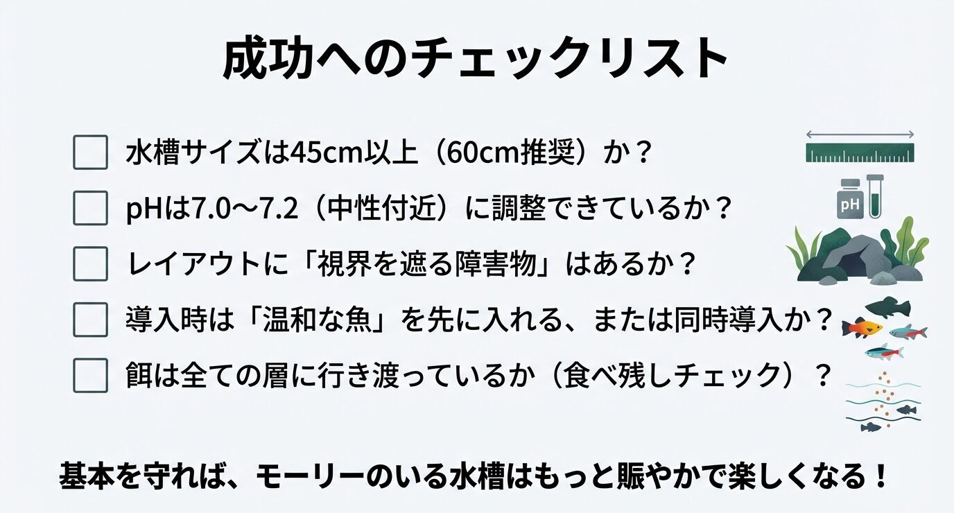 水槽45cm以上(60cm推奨)、pH7.0〜7.2付近、視界を遮る障害物、同時導入または温和な魚を先に、全ての層に餌が行き渡るか、の確認項目をチェック形式で整理。