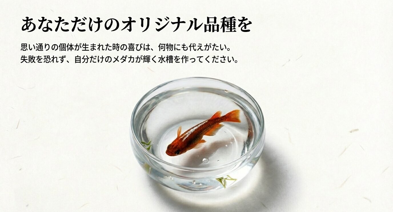 ガラス容器の中を泳ぐオレンジ色のメダカの写真。「あなただけのオリジナル品種を」。失敗を恐れず、自分だけのメダカが輝く水槽を作ろうという締めのメッセージ。