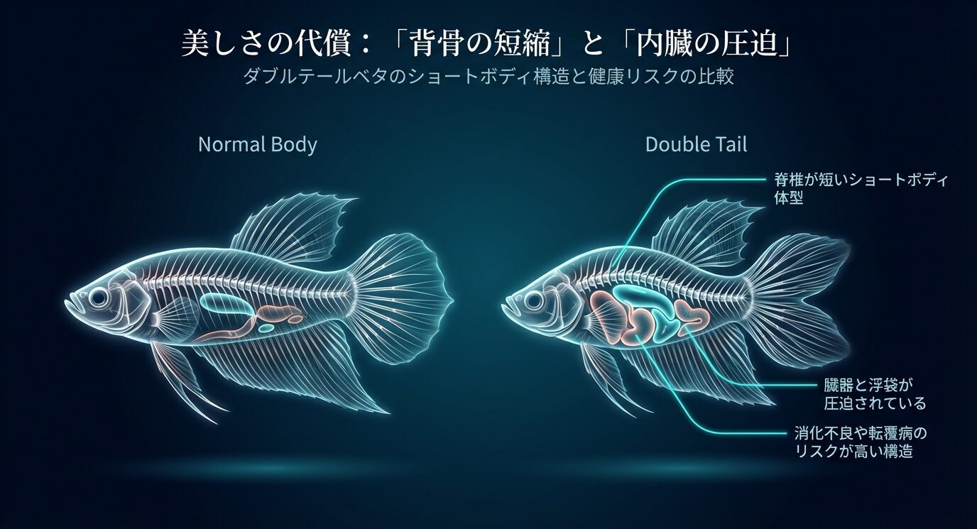 通常体型とダブルテール体型を並べ、ダブルテールは脊椎が短くショートボディになりやすく、臓器や浮袋が圧迫されて消化不良・転覆のリスクが高まることを示す比較図。