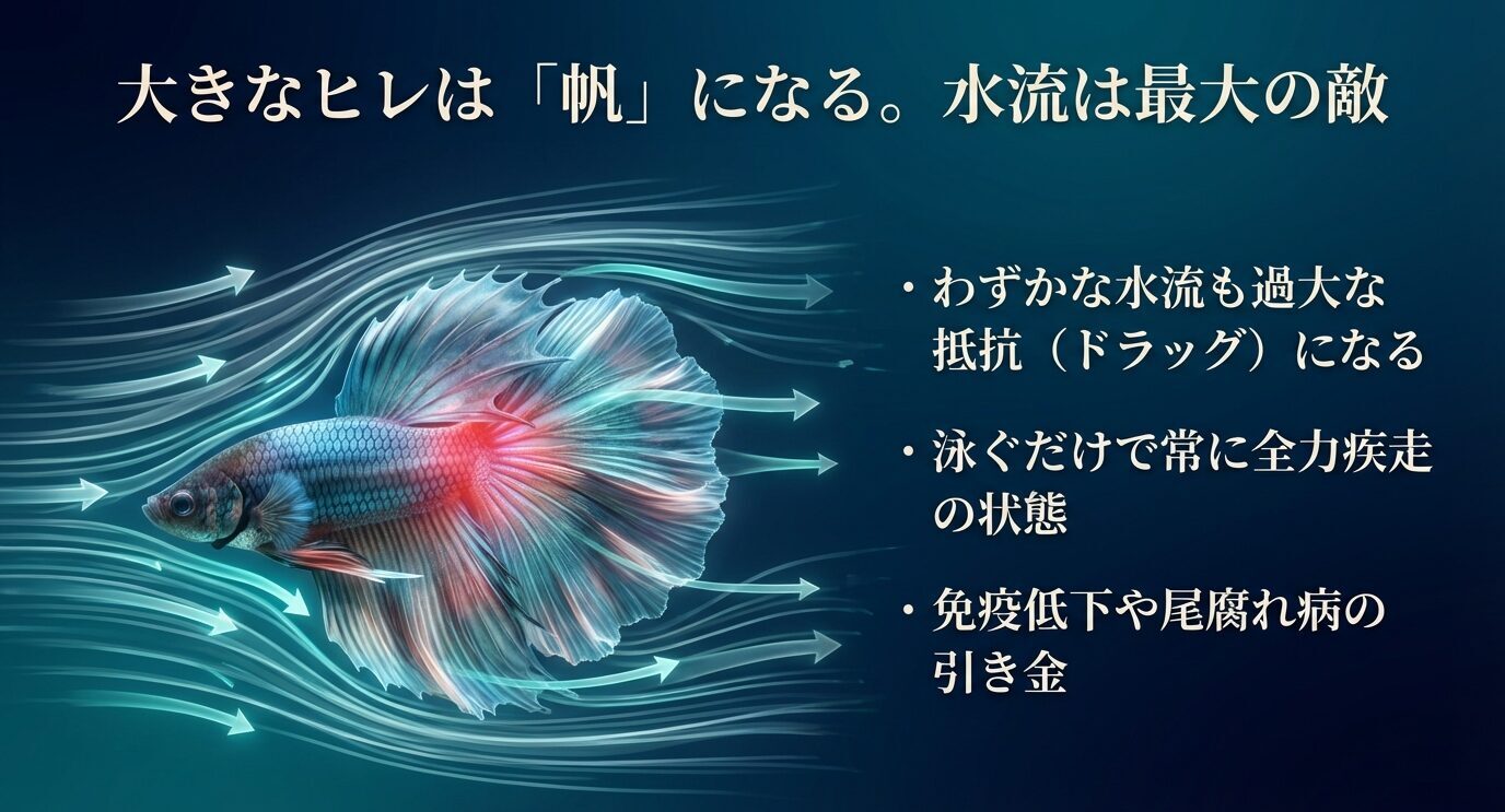 水流の矢印とベタのヒレが描かれ、わずかな水流でも抵抗が増えて疲れやすくなり、免疫低下や尾腐れの引き金になることを要点で示す。
