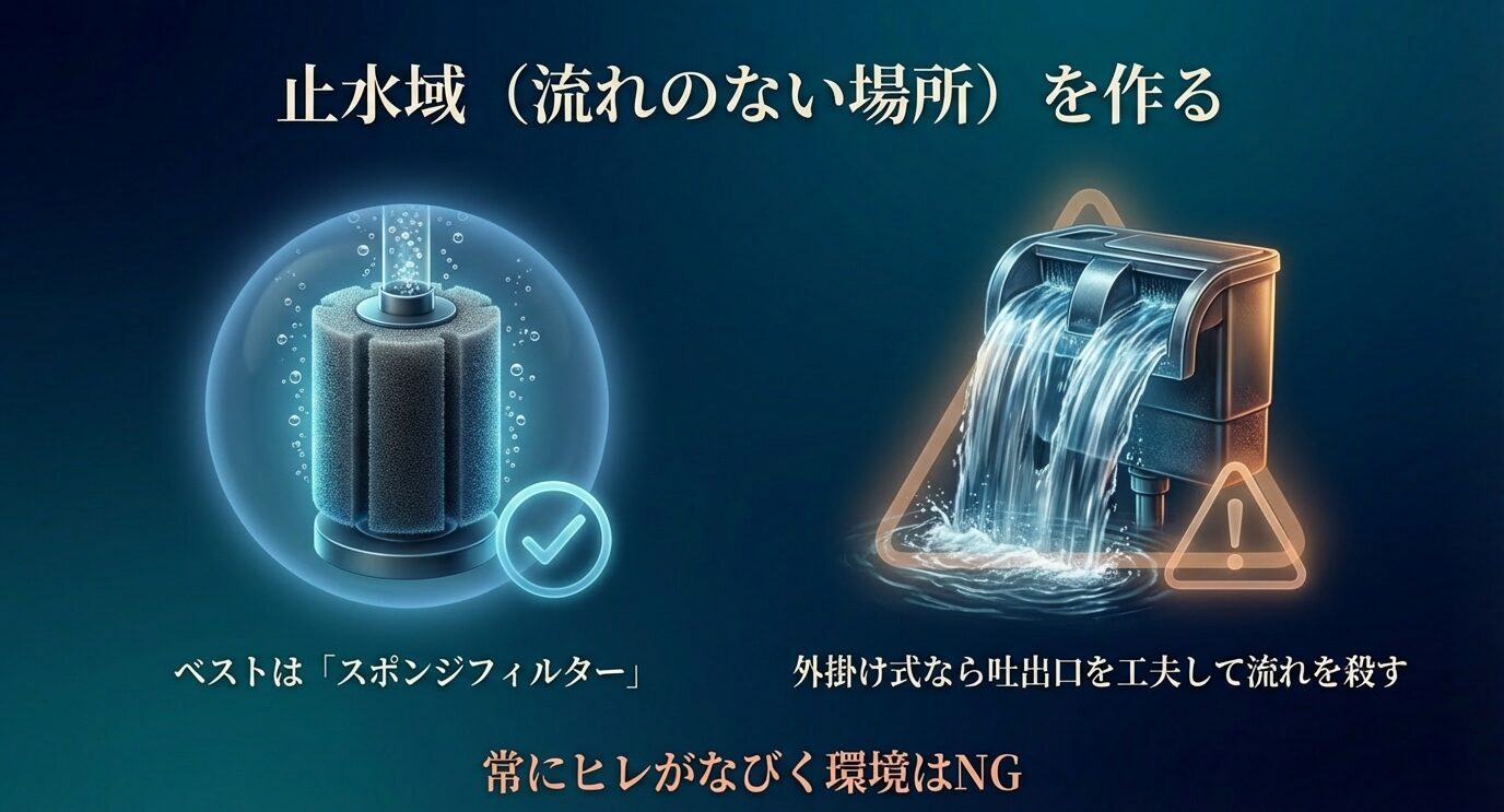 止水域づくりをテーマに、スポンジフィルターが最適で、外掛け式は吐出口の工夫で水流を弱める必要があり、ヒレが常になびく環境はNGと示す。