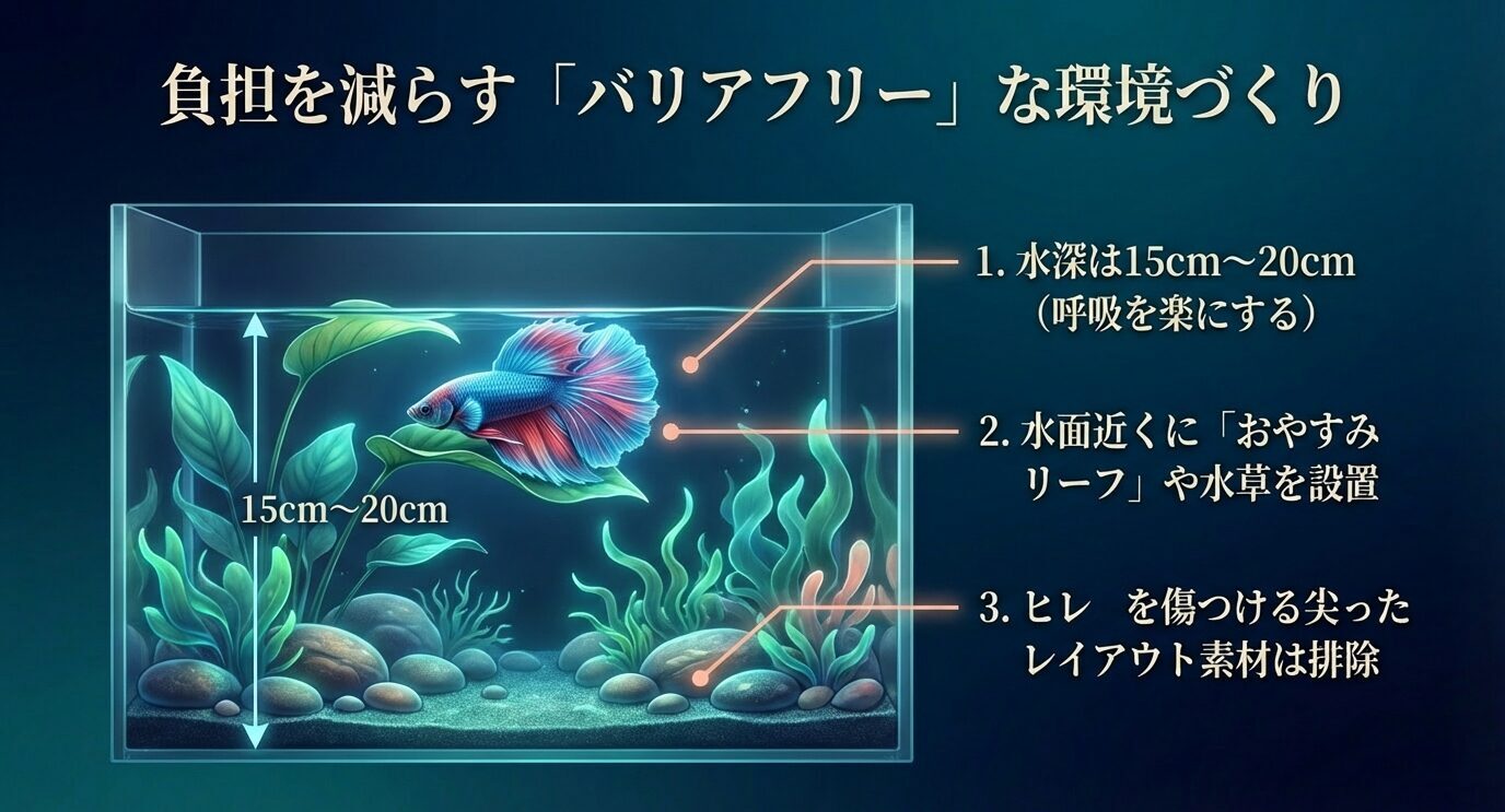水槽図に「水深15〜20cm」「水面近くの休憩リーフや水草」「ヒレを傷つける尖った素材を排除」の3点を示し、ダブルテールの負担軽減策をまとめた。