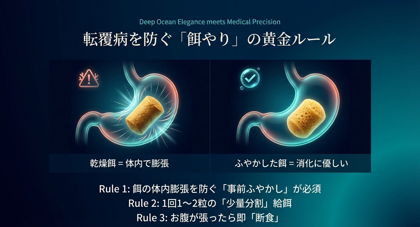 乾燥餌は体内で膨張しやすく、ふやかした餌は消化に優しいことを対比し、事前ふやかし・1回1〜2粒の少量分割・張ったら断食の3ルールを示す。
