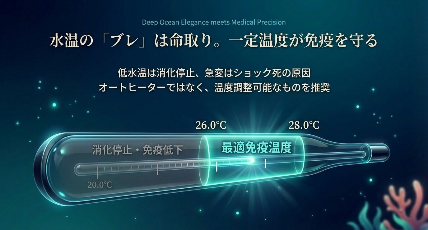 温度計のイメージで、低水温は消化停止・急変はショックの原因になり、26〜28℃の安定が最適免疫温度として重要であることを示す。