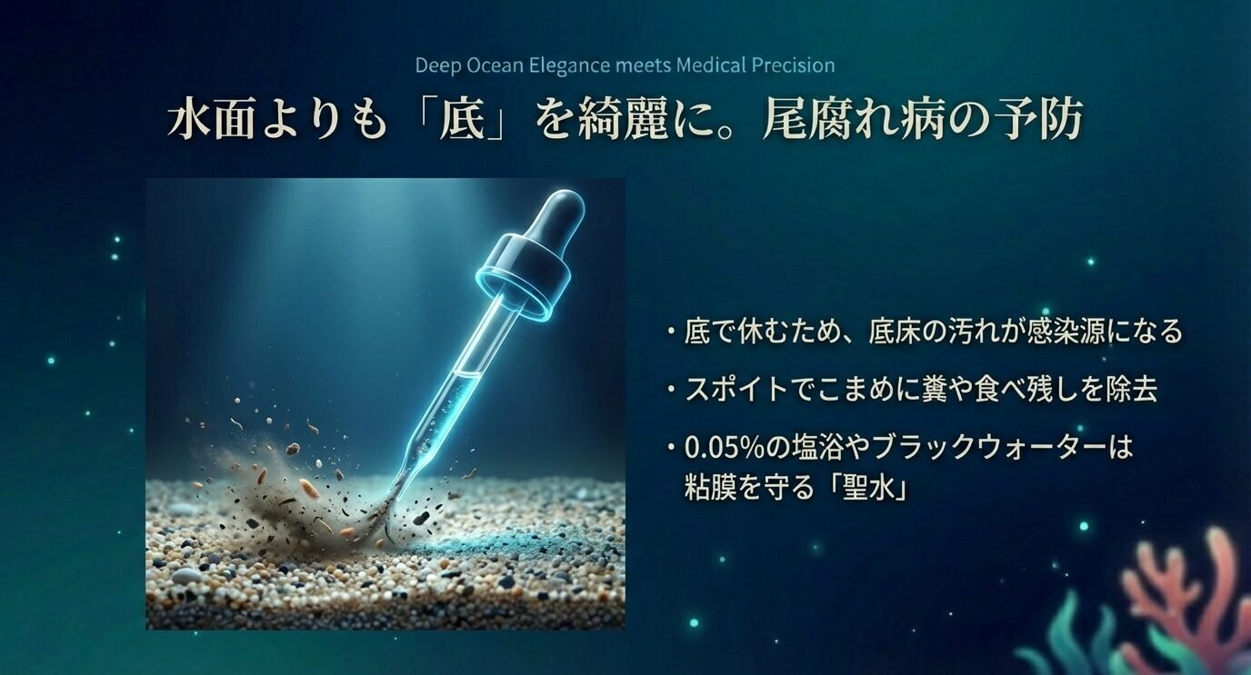 底床をスポイトで掃除するイメージと、底で休むベタは底の汚れが感染源になりやすいこと、こまめな除去と0.05%の塩浴・ブラックウォーターが補助になる点を示す。