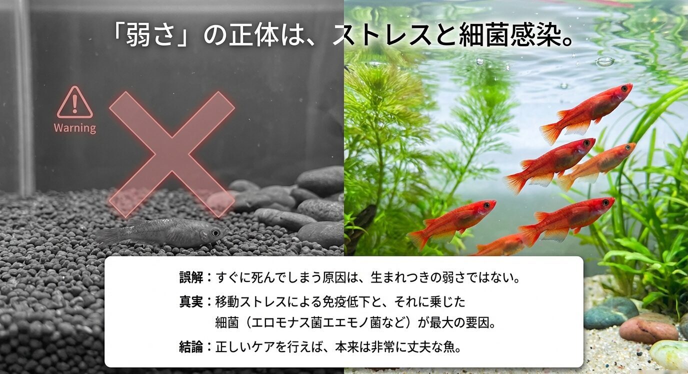 「弱さの正体はストレスと細菌感染」とし、移動ストレスによる免疫低下と細菌(例:エロモナス等)が主因で、正しいケアで丈夫になることを示すスライド