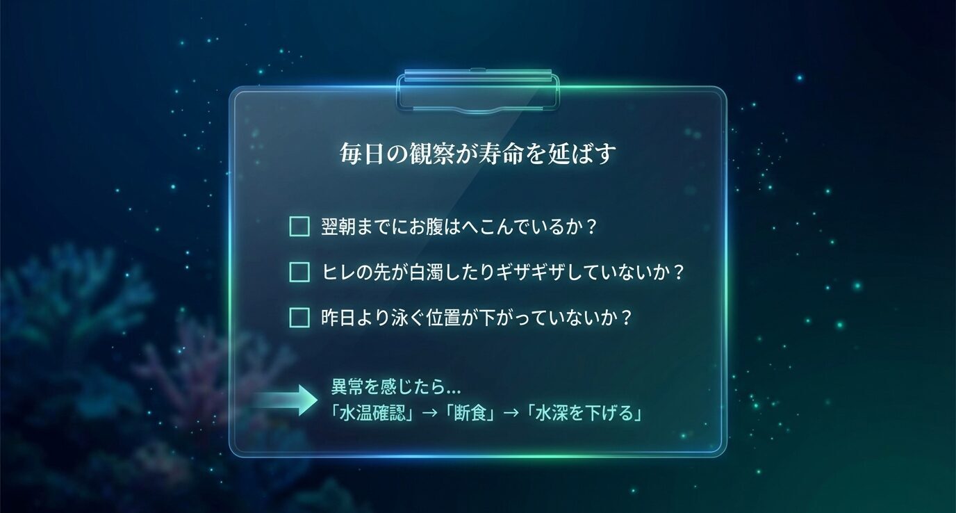 チェックリスト形式で「翌朝までに腹はへこんでいるか」「ヒレ先が白濁・ギザギザしていないか」「泳ぐ位置が下がっていないか」を確認し、異常時は「水温確認→断食→水深を下げる」と示す。