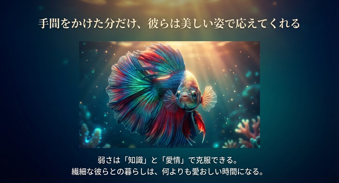 美しいダブルテールベタの写真風ビジュアルと、「手間をかけた分だけ美しい姿で応えてくれる」「弱さは知識と愛情で克服できる」という締めのメッセージを示す。