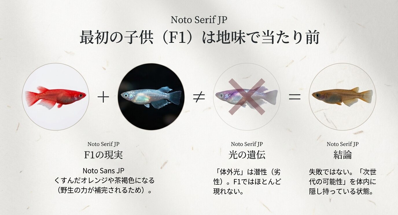 楊貴妃とみゆきの組み合わせ図。「最初の子供(F1)は地味で当たり前」。体外光は潜性でF1ではほとんど現れない、結論は「失敗ではない。次世代の可能性を隠し持つ」と示す。