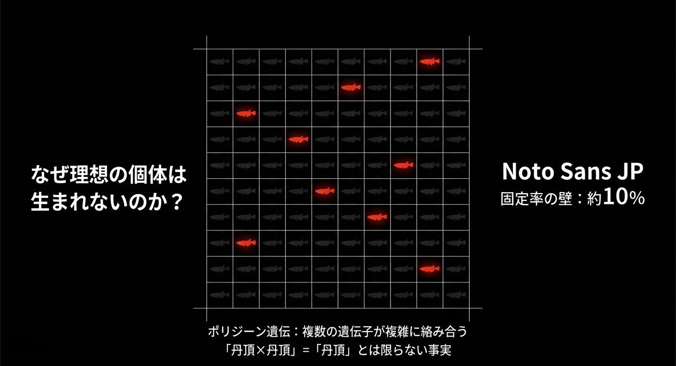 多数の魚シルエットの中に赤い個体が点在する図。「なぜ理想の個体は生まれないのか?」「固定率の壁:約10%」と、ポリジーン遺伝・丹頂×丹頂でも丹頂にならない旨の説明がある。