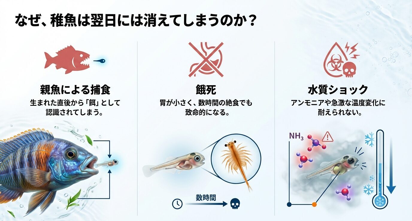 3分割の図解。「親魚による捕食」「餓死」「水質ショック」の見出しとアイコン(魚・禁マーク・毒/温度)。稚魚が消える原因を整理。