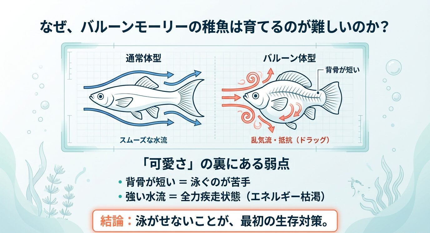 通常体型とバルーン体型を並べて比較し、バルーン体型は背骨が短く水流抵抗が大きくて泳ぎが苦手、強い水流でエネルギー枯渇しやすいと示す図。