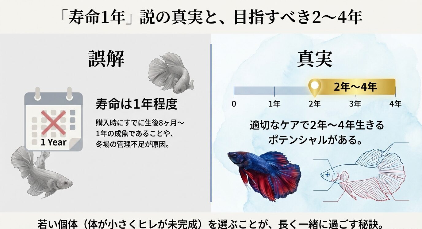 左に「寿命は1年程度」という誤解、右に「適切なケアで2〜4年生きるポテンシャル」という真実を示す図。若い個体を選ぶことが秘訣と説明。