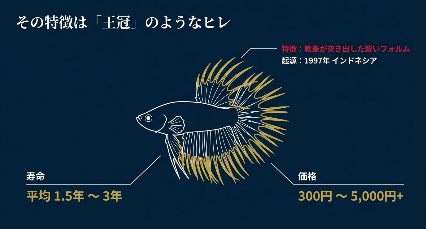 「クラウンテールの特徴は王冠状のヒレ。起源は1997年頃インドネシア。寿命は平均1.5〜3年、価格は300円〜5,000円以上の目安」