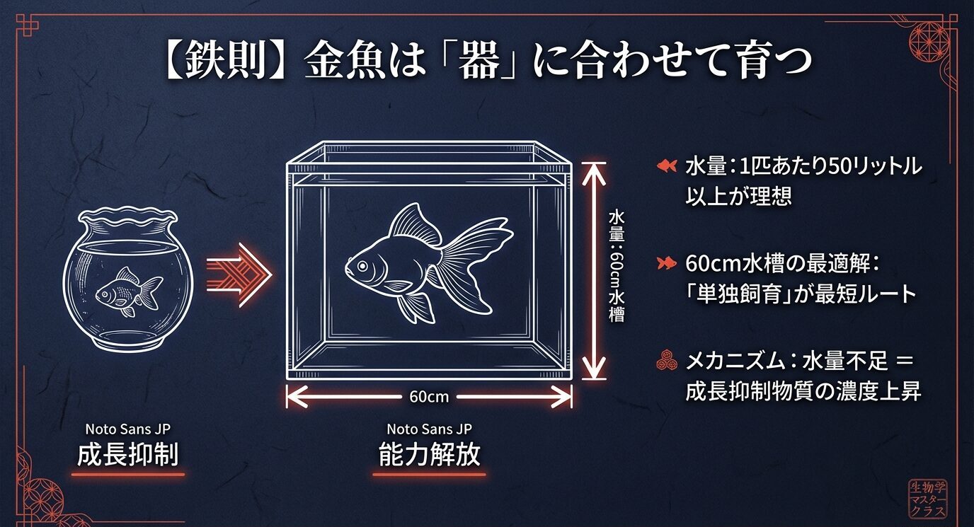 金魚鉢から60cm水槽への図解とともに、「水量:1匹あたり50L以上が理想」「60cm水槽は単独飼育が最短ルート」「水量不足で成長抑制物質が濃くなる」と示すスライド。
