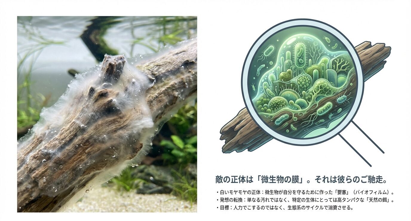 流木に付く白いモヤモヤと、拡大図で「バイオフィルム=微生物の膜(天然の餌)」を説明するスライド