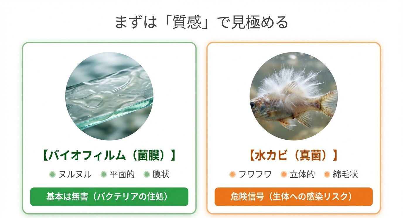 左にバイオフィルム(菌膜):ヌルヌル・平面的・膜状、基本は無害。右に水カビ(真菌):フワフワ・立体的・綿毛状、感染リスクの危険信号。