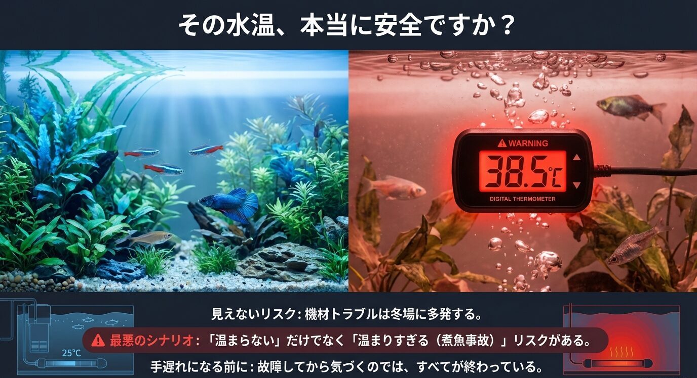 安全な水槽と過加温の危険を対比し、「最悪は温まりすぎ(茹で魚事故)」のリスクを強調する警告スライド。