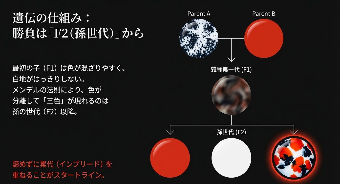 親Aと親Bの交配図。F1は色が混ざりやすく、三色が出る勝負はF2以降であることを示す。