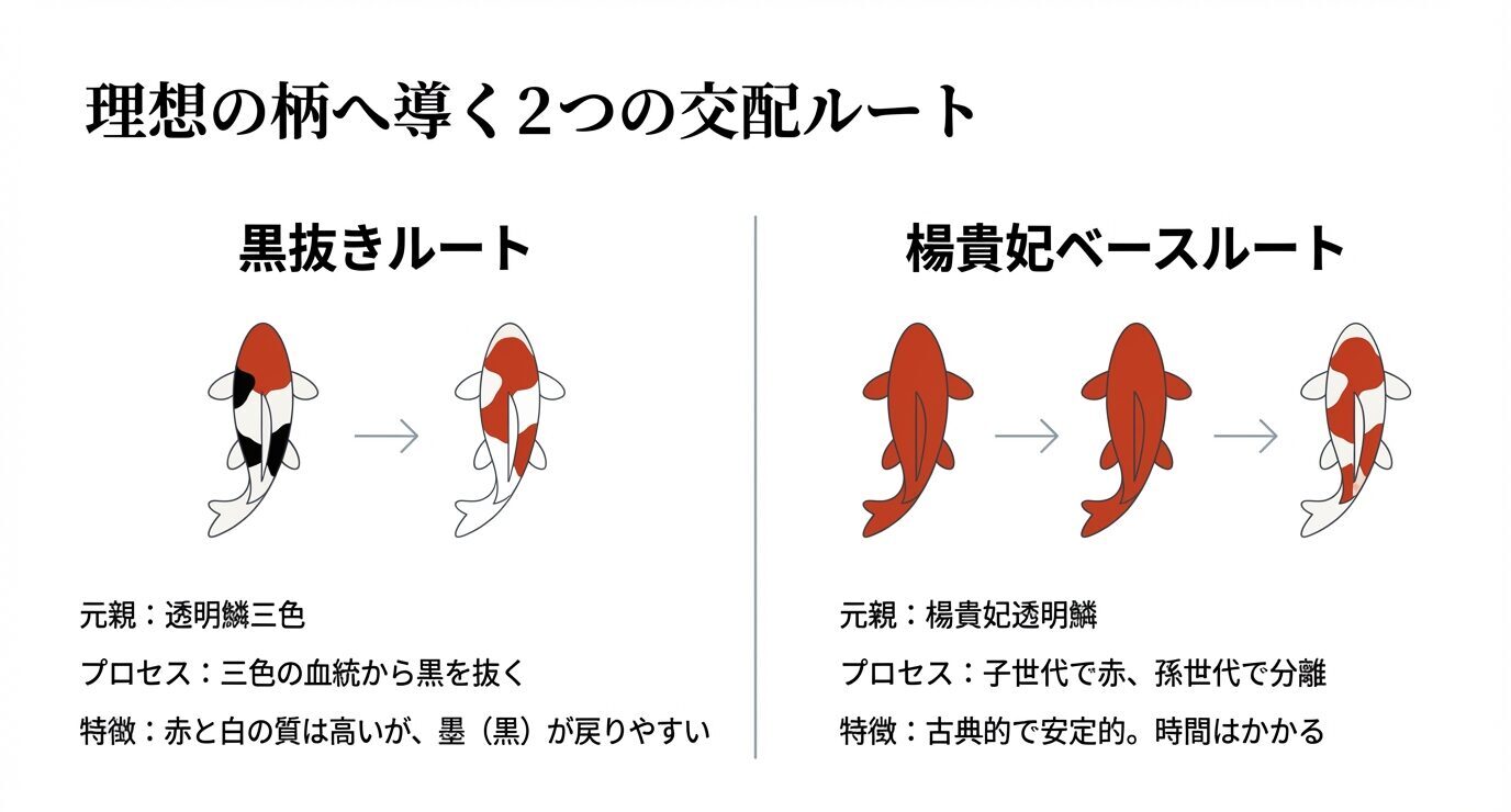 理想の柄へ導く2つの交配ルート。左は黒抜きルート(透明鱗三色の血統から黒を抜く)、右は楊貴妃ベースルート(子世代・孫世代で分離し紅白へ)。