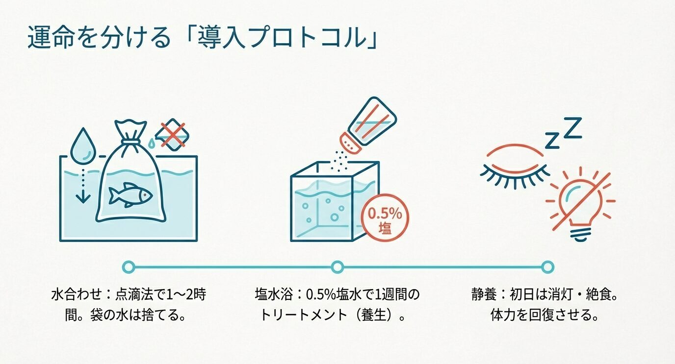 点滴法で1〜2時間の水合わせ(袋の水は捨てる)、0.5%塩水浴で1週間トリートメント、初日は消灯と絶食で静養する流れをアイコンで示したスライド