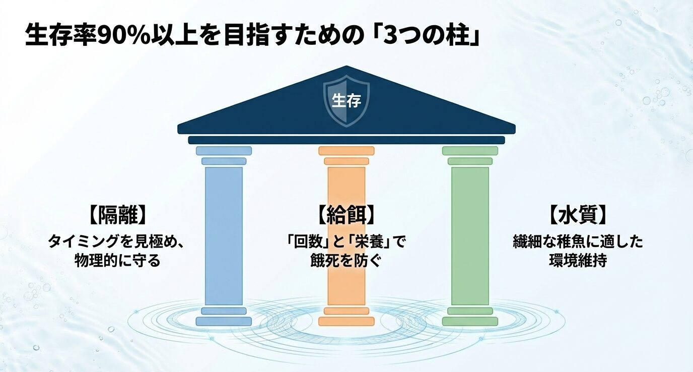 神殿の柱の図で「隔離」「給餌」「水質」を3本柱として配置。上部に「生存」アイコン。「タイミング・回数/栄養・環境維持」を強調。
