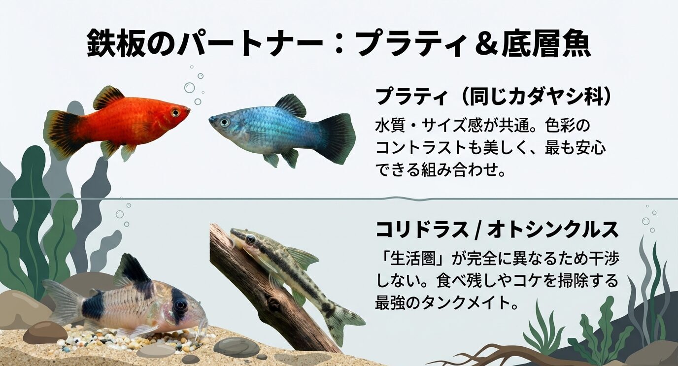 プラティは水質とサイズ感が近く安心、コリドラスとオトシンクルスは生活圏が違い干渉しにくい最強タンクメイト、という要点を写真付きでまとめたスライド。