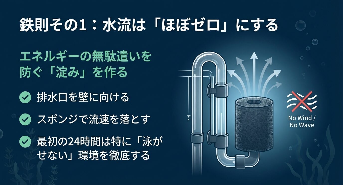フィルター配管とスポンジの図で、水流を弱めて淀みを作る方法(吐出口を壁に向ける、スポンジで流速を落とす、最初の24時間は特に泳がせない)を示す。