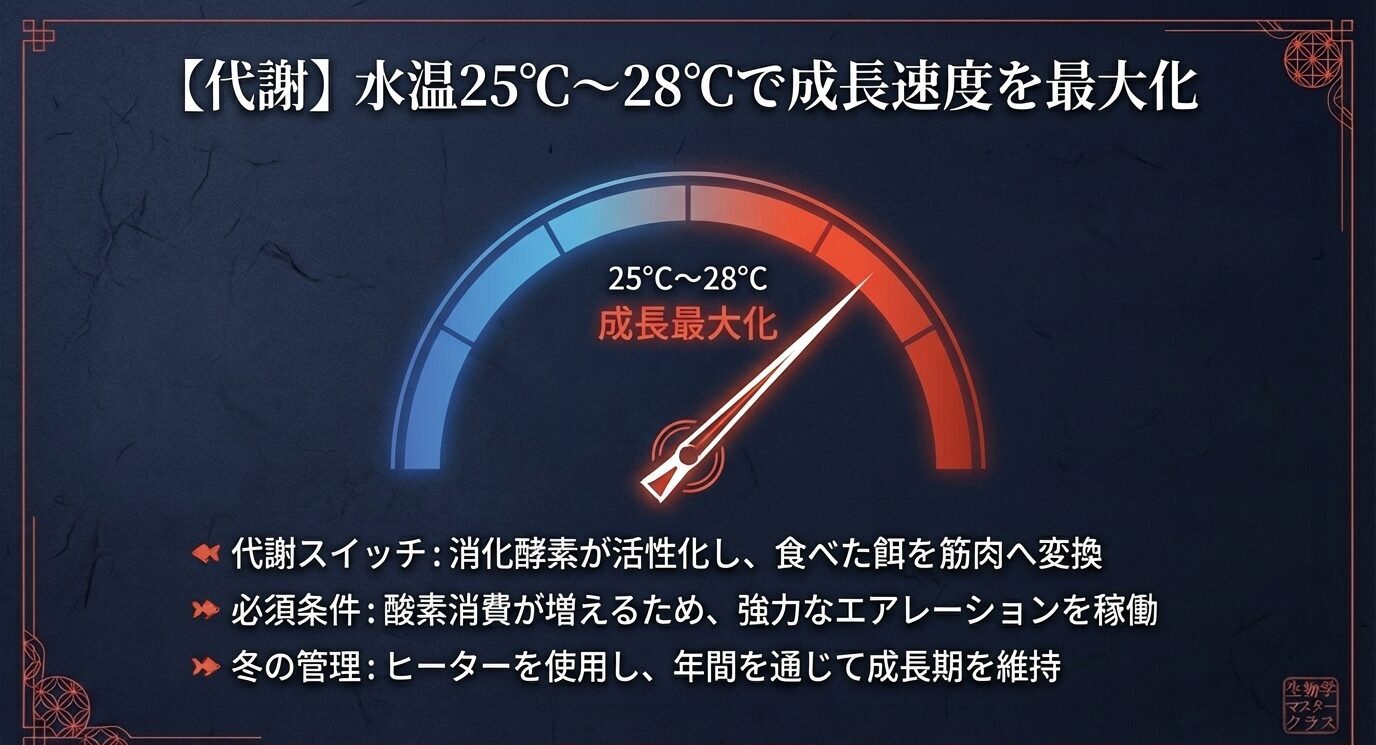 メーター風の図で「25〜28℃ 成長最大化」を示し、消化酵素が活性化して餌が筋肉に変換されること、酸素消費が増えるので強力エアレーションが必須、冬もヒーターで成長期維持とまとめたスライド。