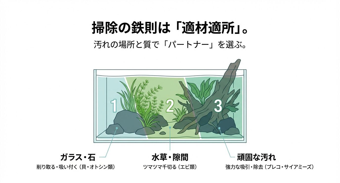 水槽図で「ガラス・石=貝/オトシン」「水草・隙間=エビ」「頑固汚れ=プレコ/サイアミーズ」と適材適所を示すスライド
