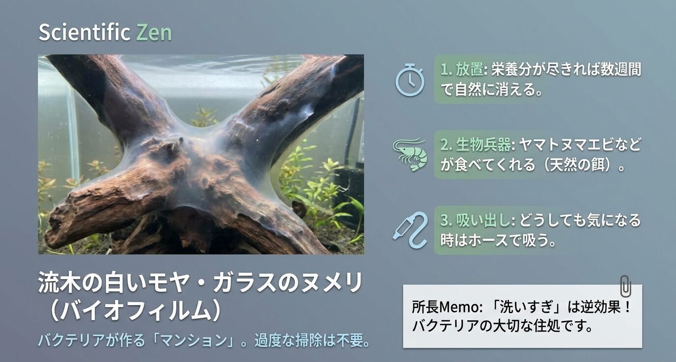 流木に白い膜状のモヤが付いた写真。対策として①放置(数週間で自然に消える)②ヤマトヌマエビなどが食べる③気になる時はホースで吸う。メモに「洗いすぎは逆効果、バクテリアの住処」とある。