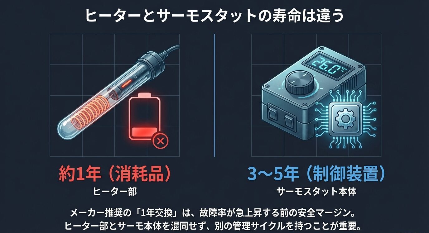 ヒーター部は約1年(消耗品)、サーモスタット本体は3〜5年(制御装置)と寿命の違いを並べて示す図解。
