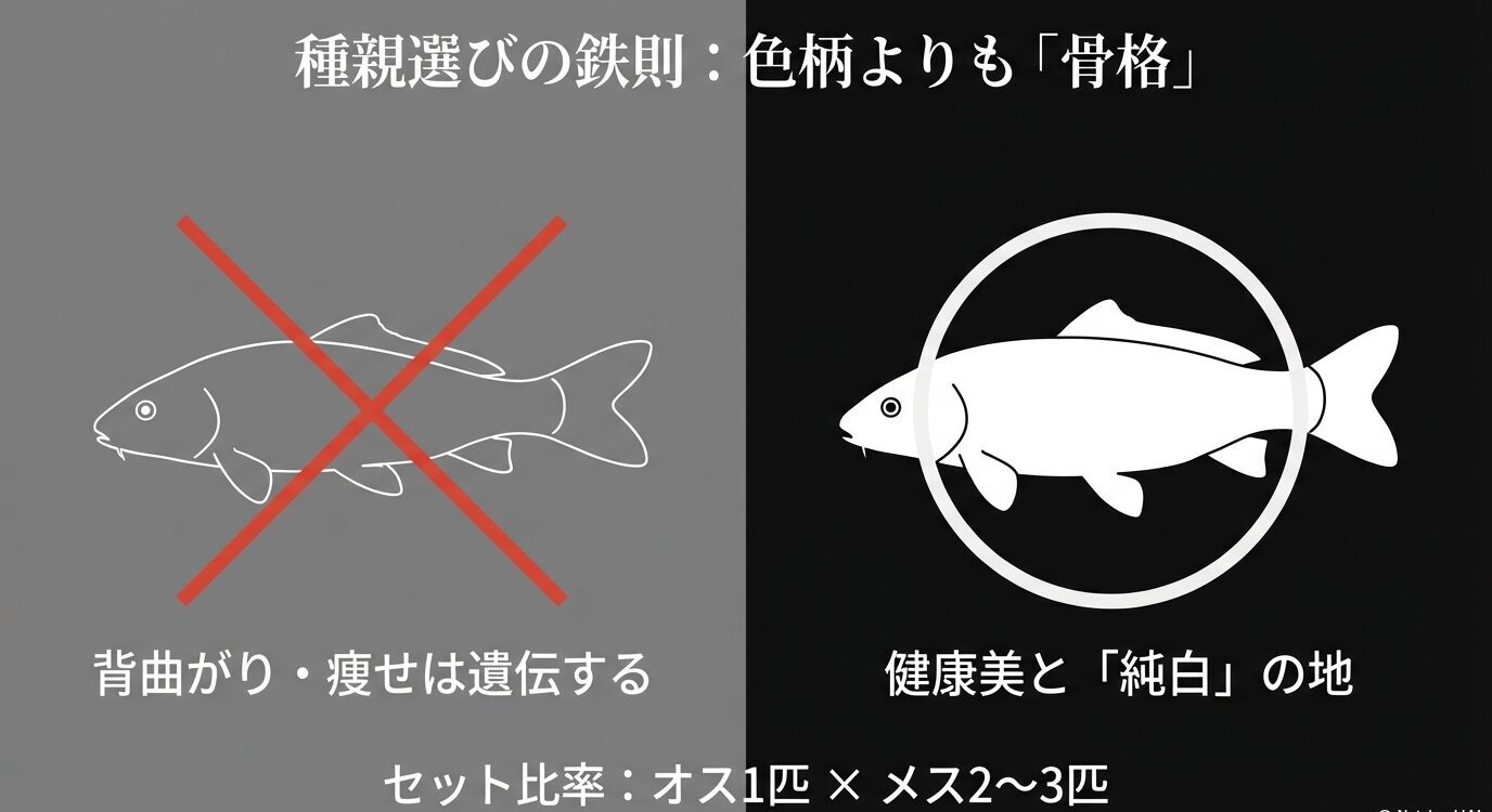 背曲がり等は遺伝するため避け、健康で骨格の良い親を選ぶ図。セット比率はオス1に対しメス2〜3が目安。