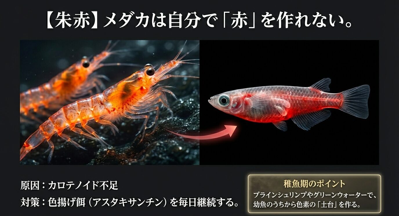 メダカは自分で赤を作れず、原因はカロテノイド不足。色揚げ餌の継続と、稚魚期はブラインやグリーンウォーターで土台作りを示すスライド。