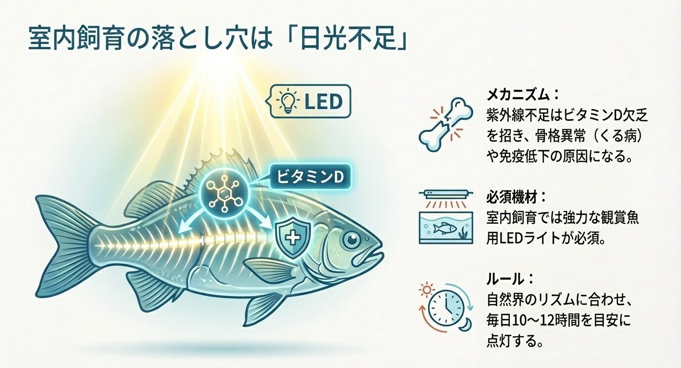 紫外線不足でビタミンD欠乏→骨格異常や免疫低下につながること、室内では強力な観賞魚用LEDが必須で点灯は毎日10〜12時間が目安であることを示すスライド