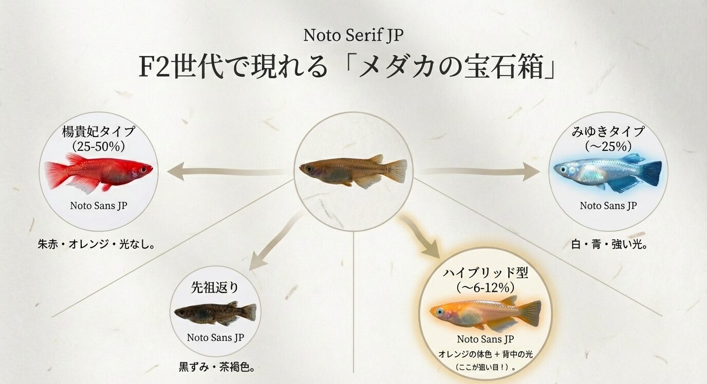 F2で分離する4タイプの図。楊貴妃タイプ(25〜50%)、みゆきタイプ(〜25%)、ハイブリッド型(〜6〜12%:オレンジ体色+背中の光)、先祖返り(黒ずみ・茶褐色)を矢印で示す。