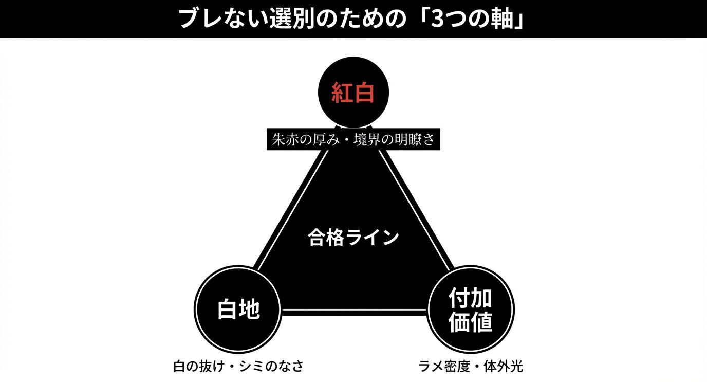 三角形の図で「紅白(朱赤の厚み・境界の明瞭さ)」「白地(白の抜け・シミのなさ)」「付加価値(ラメ密度・体外光)」の3要素が「合格ライン」を支える構図になっている。