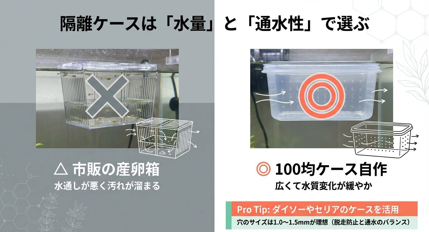 市販の産卵箱は水通しが悪く汚れが溜まりやすい一方、100均ケース自作は広くて水質変化が緩やかと比較。穴サイズは1.0〜1.5mmが理想と示す。