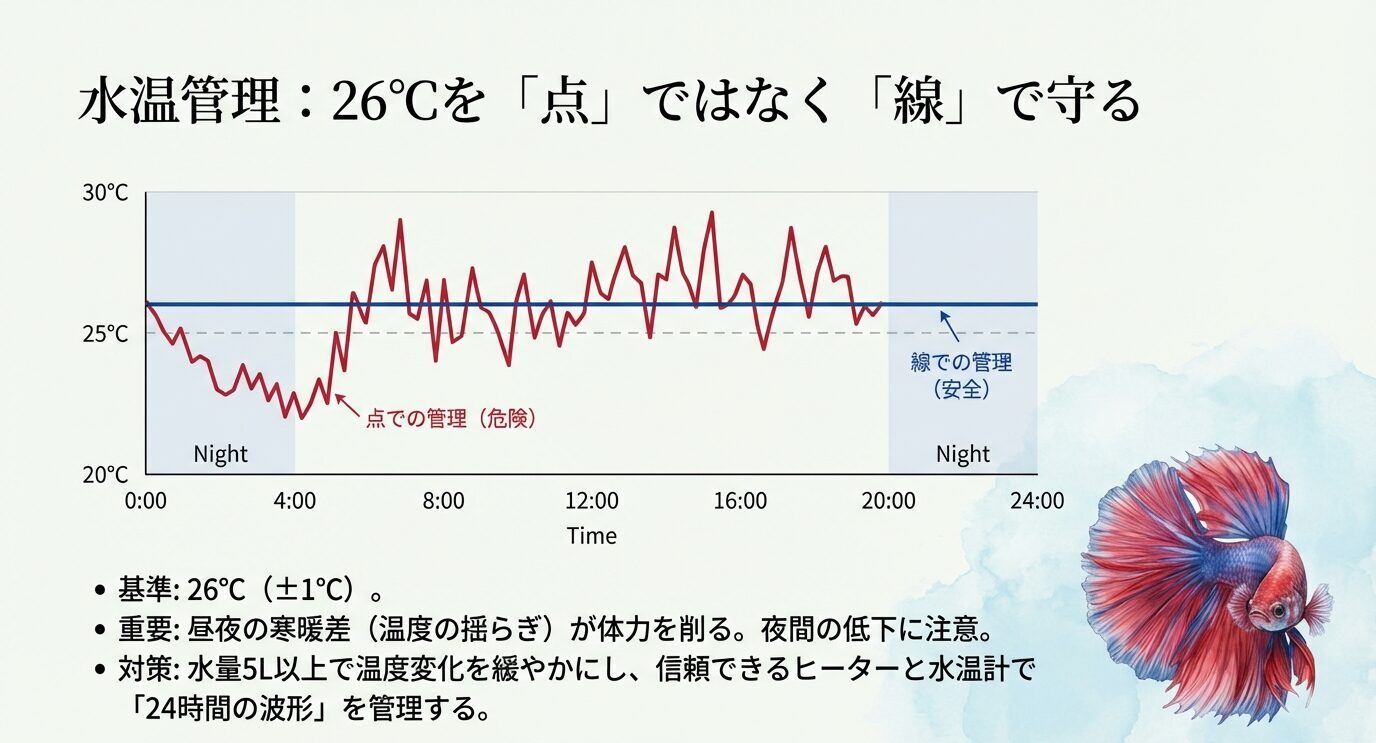 24時間の水温変動グラフ。赤線が大きく上下する「点の管理(危険)」、青の水平線が「線の管理(安全)」。基準26℃±1℃、昼夜差と夜間低下に注意と記載。