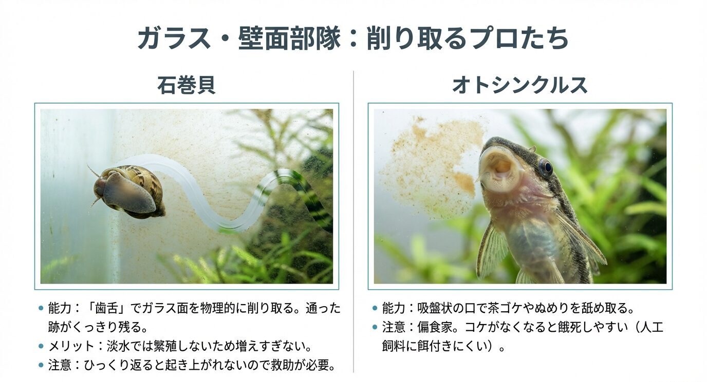 石巻貝とオトシンクルスの写真付きで、ガラス面のぬめりを削り取る能力と注意点(増えすぎ・餌切れなど)をまとめたスライド