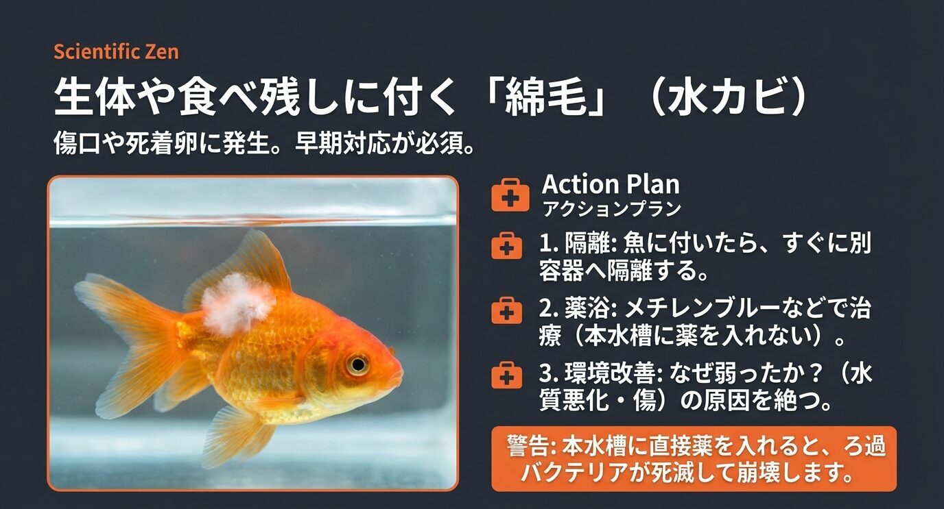 魚体に白い綿状の付着物がある写真。行動手順として①別容器へ隔離②メチレンブルーなどで薬浴(本水槽に薬を入れない)③水質悪化や傷など弱った原因を断つ。警告として本水槽に薬を入れるとろ過バクテリアが死滅し崩壊とある。