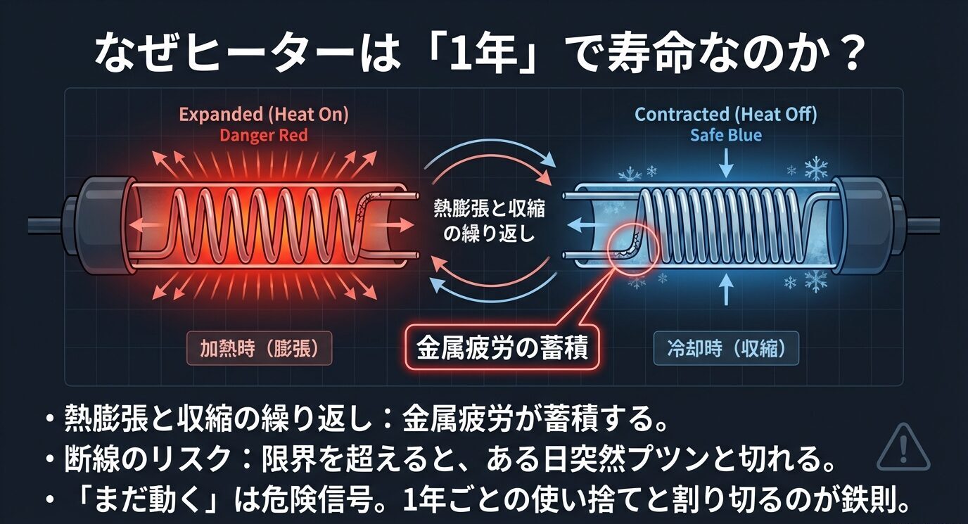 加熱で膨張・停止で収縮を繰り返し金属疲労が蓄積、限界で突然断線する仕組みを図で示したスライド。